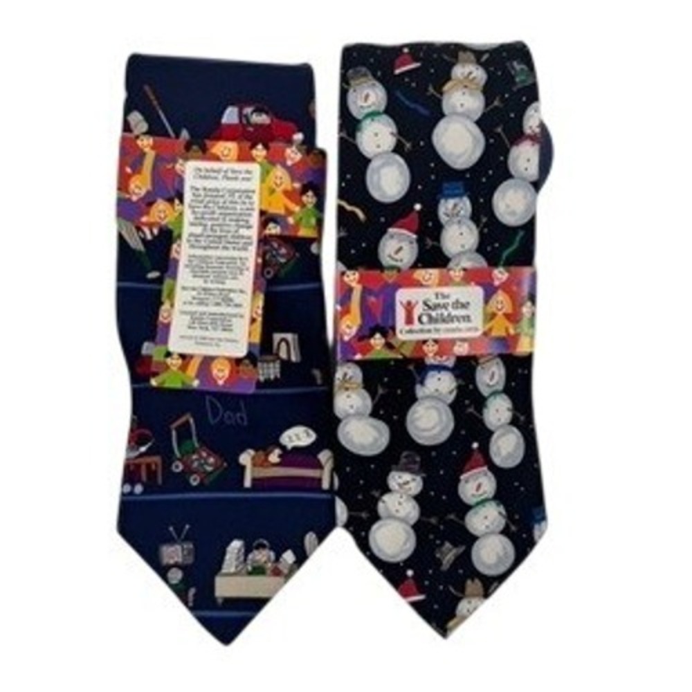 Save the Children Silk Tie Set Of 2 58" Mens Navy Black Snowman Dad Hobbies Y2K